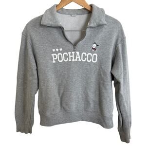 RARE Uniqlo Embriodered Pochacco Gray Quarter Zip LongSleeve Pullover Sweater-XS